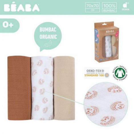 Set 3 Museline Beaba bumbac organic 70x70 cm Herisson Marron - imagine 2