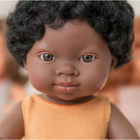 Papusa 38 cm, fetita africana, imbracata in salopeta tricotata - 2