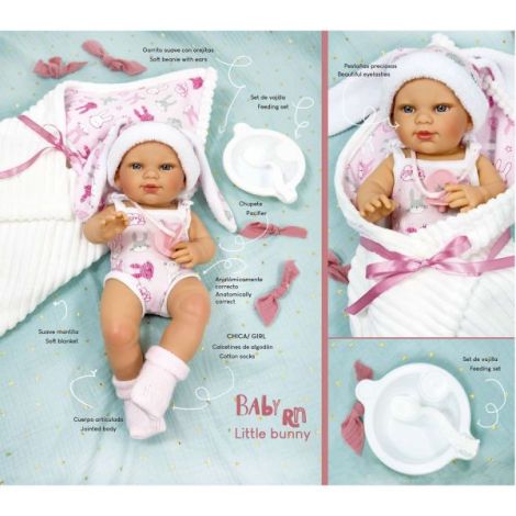 Papusa Nines D'Onil, Little Bunny, bebelus RN, cu hainute roz, cu paturica, cu miros de vanilie, 37 cm - 1