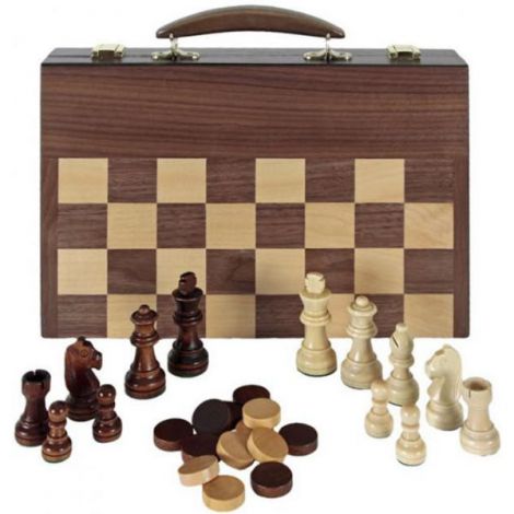 Chess checkers backgammon in wooden attache