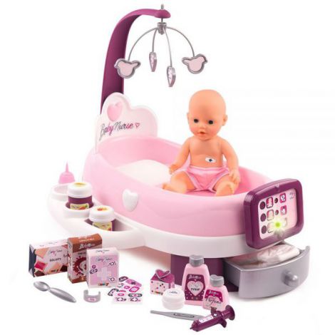 Set cadita si accesorii pentru papusi Smoby Baby Nurse Nursery mov ookee.ro imagine noua