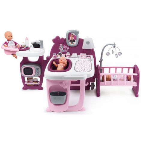 Centru de ingrijire pentru papusi Smoby Baby Nurse Doll`s Play Center mov cu 23 accesorii ookee.ro