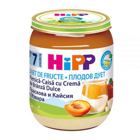 Piure HiPP Fruit-Duet piersica, caisa si crema de branza 160g Hipp