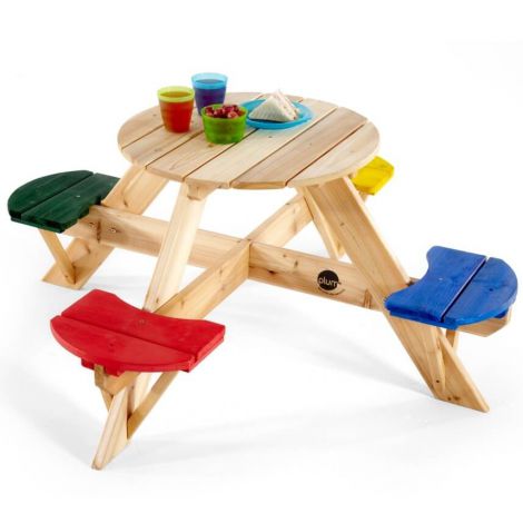 Masa de joaca din lemn cu scaune colorate pentru 4 copii Plum ookee.ro