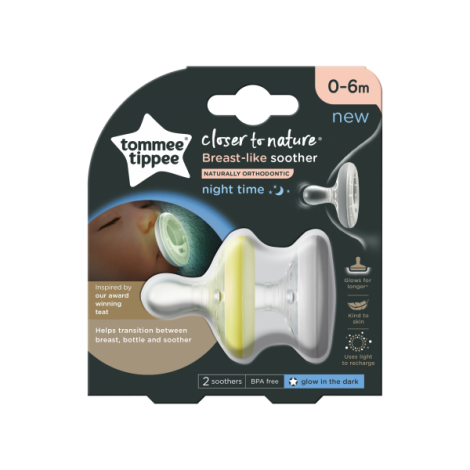 Suzeta de noapte Tommee Tippee Closer to Nature Breast like soother, 0-6 luni, Alb/Galben, 2 buc - 0