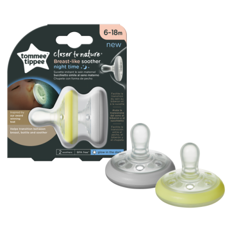 Suzeta de noapte Tommee Tippee Closer to Nature, 6 - 18 luni Breast like soother, Alb/Galben, 2 buc