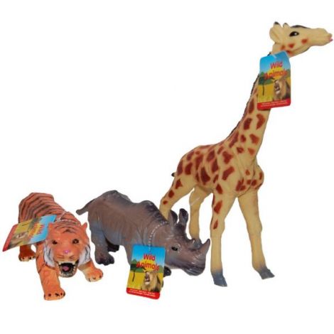 Set 3 figurine din cauciuc animale salbatice, Girafa Tigru Hipopotam, 22 - 30 cm