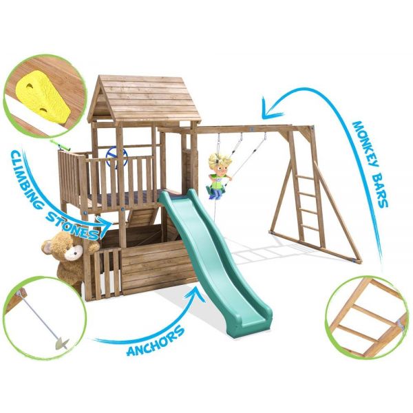 Complex de joaca BalconyFort ™ cu Monkey Bars si 2 leagane, tobogan