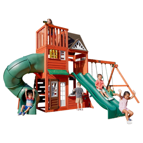 Complex de joaca din lemn, max 15 copii, 3 leagane, 3 tobogane , turn 3 etaje, Hilltop, Cedar Summit F29080