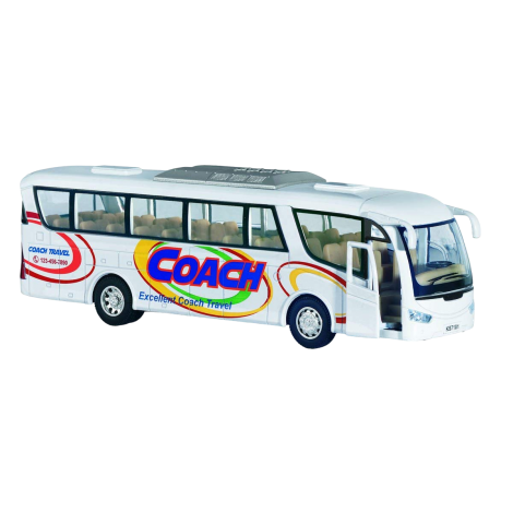 Autobuz sportiv die-cast Coach, cu functie pull-back, 18 cm lungime, alb