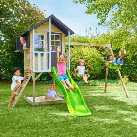 Casuta de gradina TP TOYS, Bluebell Cottage, cu cutie nisip, tobogan si leagan dublu, lemn, negru/maro/alb